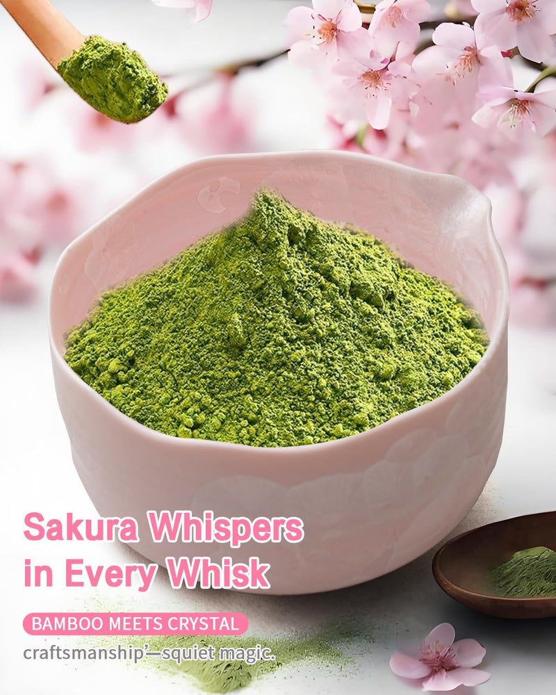 DIWU Natural Crystal Flower Matcha Set - 4 Pcs Food Grade Matcha Kit with Spouted Bowl, Matcha Whisk, Scoop and Chasen Holder - Matcha Tea Ceremony Gift for Matcha Lovers (Sakura Whisper) - Image 4