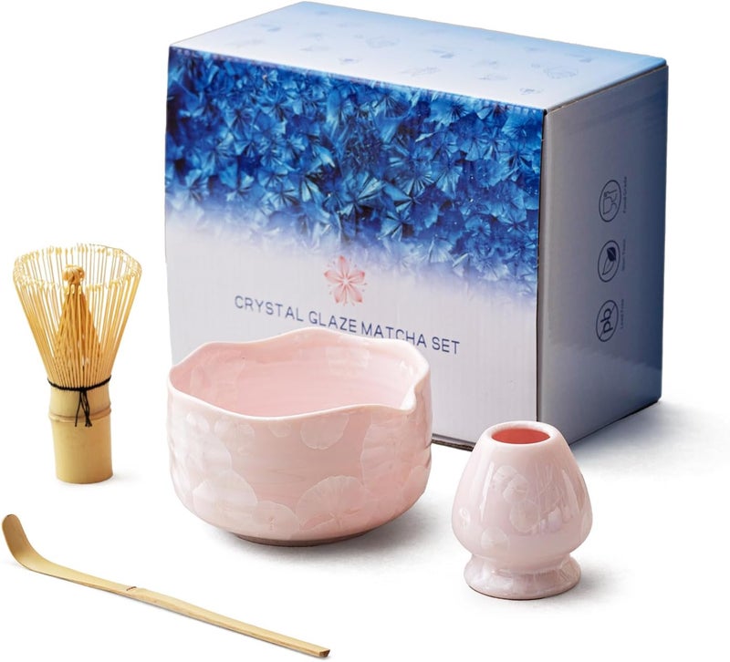 DIWU Natural Crystal Flower Matcha Set - 4 Pcs Food Grade Matcha Kit with Spouted Bowl, Matcha Whisk, Scoop and Chasen Holder - Matcha Tea Ceremony Gift for Matcha Lovers (Sakura Whisper) - Image 1
