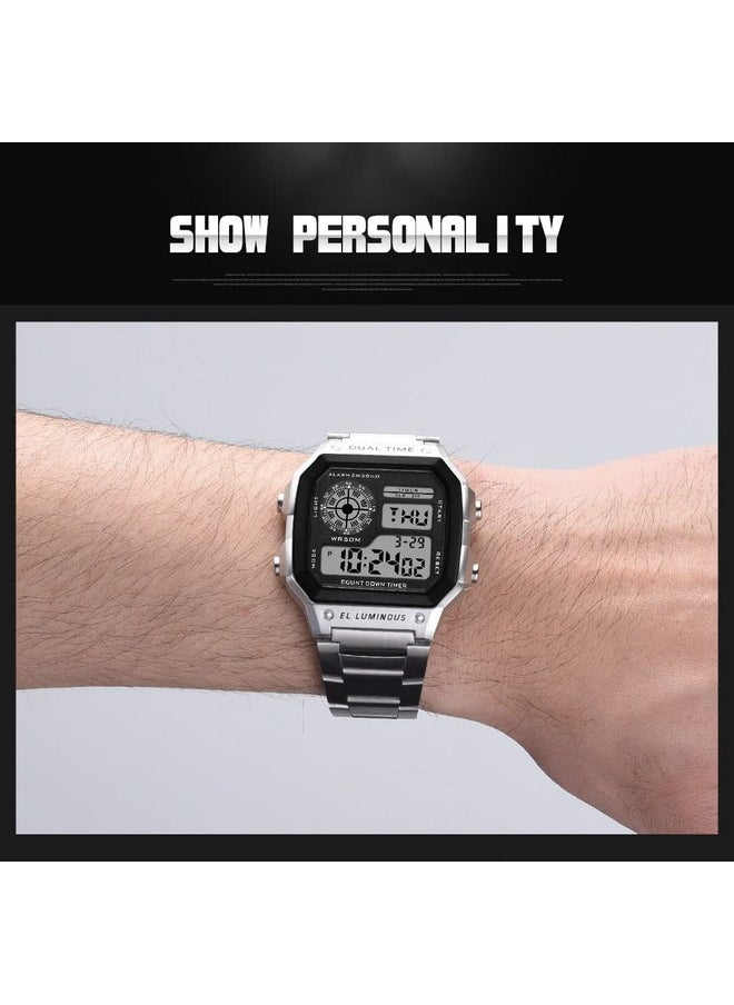 شوكنشوب ساعة Shocknshop الرياضية الرقمية المربعة بمينا سوداء وحزام من الفولاذ المقاوم للصدأ للجنسين (مينا سوداء وحزام فضي اللون) - WCH53  - Image 4