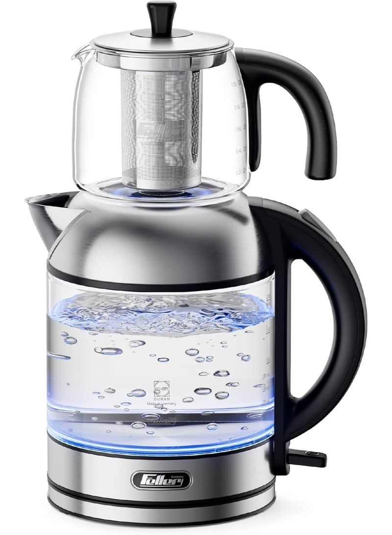 Feller Germany TS289 2-in-1 Tea Maker, 2L German Schott Glass Kettle + 1L Teapot, 2200W Strix Control, Keep Warm, BPA Free, Stainless Steel Filter (Stainless Steel) - Image 1