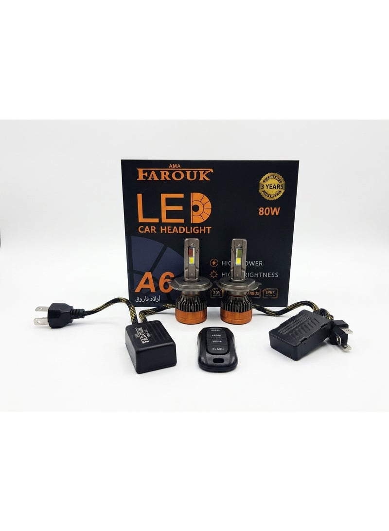 أما طقم مصابيح أمامية للسيارة A6 H4 LED مع جهاز تحكم عن بعد، سطوع أقصى 7000 لومن - Image 1