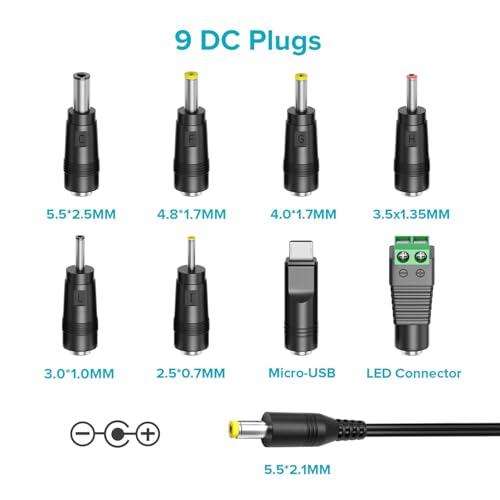 ZOZO Universal AC/DC Adapter 12W 3V 4.5V 5V 6V 7.5V 9V 12V Switching Power Supply Charger with 8 Tips 5.5x2.1mm 5.5x2.5mm Micro USB for Routers Speakers CCTV Cameras LED Strip Lights - Image 3