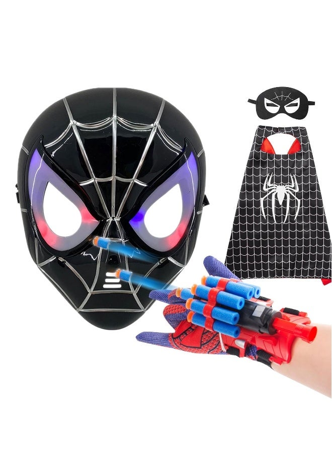 أزياء للأطفال لشخصية سبايدر مان الخارق، مجموعة قفاز إطلاق العنكبوت للأطفال من 4 إلى 8 سنوات مع عباءة بطل خارق + قناع LED + قناع للعين، ألعاب إطلاق العنكبوت، ملابس تنكرية، هدية ألعاب بطل خارق. - Image 1