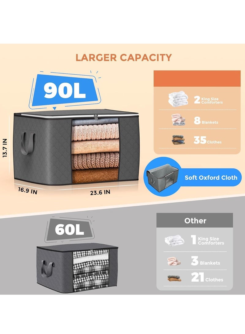 6-Piece Large Capacity Storage Box for Clothes Foldable Blanket Storage Bags Closet Organizer Storage Containers with Lids and Handle, Clear Window for Blankets ,Clothes, Bedding 90L.(Grey) - Image 2
