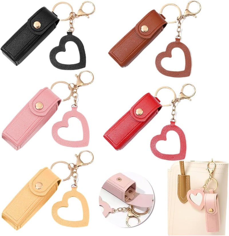 KASTWAVE 5 PCS Lipstick Holder Keychain, PU Leather Travel Chapstick Holder with Mirror, Soft Lip-Balm Pouch, Mini Lipstick Case, Portable Cosmetic Storage for Lipsticks, Perfume, Nail Polish - Image 1