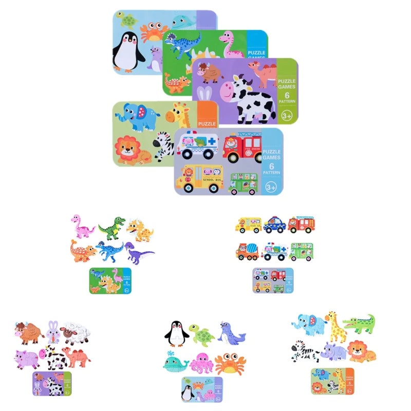 Kids Wooden Puzzle: 6-in-1 Set With Cartoon Animal Designs - Portable For On-the-go Play - Early Education Puzzle For Preschool Kids Ages 3 To 6 - Image 4