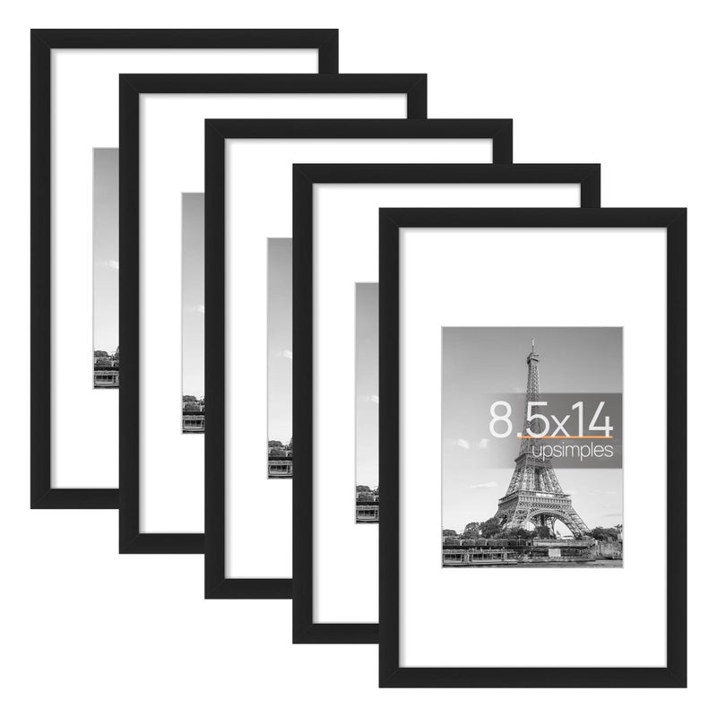upsimples upsimples 8.5x14 Picture Frame Set of 5  Display Pictures 6x8 with Mat or 8.5x14 Without Mat  Wall Gallery Photo Frames  Black