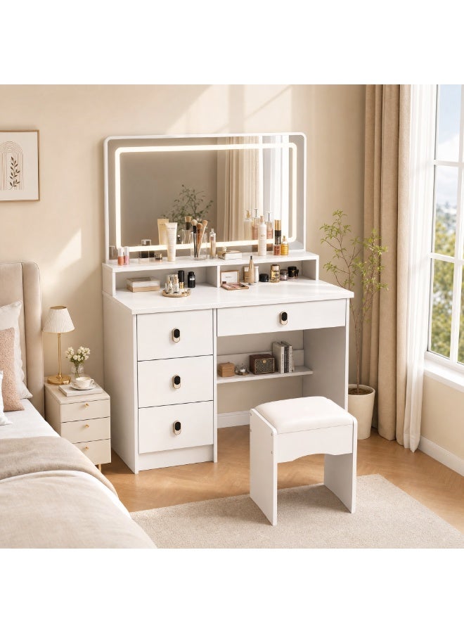 Sharpdo Modern Vanity Desk with LED Lighted Mirror and Matching Stool, 80 x 35 x 120 cm Makeup Vanity Table with Storage Shelves, Drawer and Cabinets, Dressing Table for Bedroom, White - Image 1