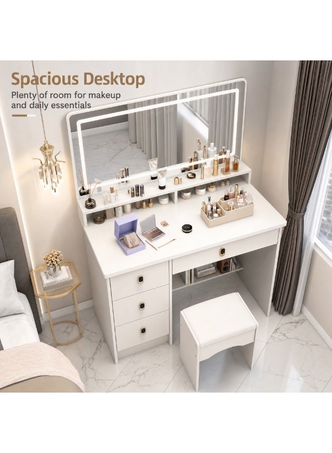 Sharpdo Modern Vanity Desk with LED Lighted Mirror and Matching Stool, 80 x 35 x 120 cm Makeup Vanity Table with Storage Shelves, Drawer and Cabinets, Dressing Table for Bedroom, White - Image 4
