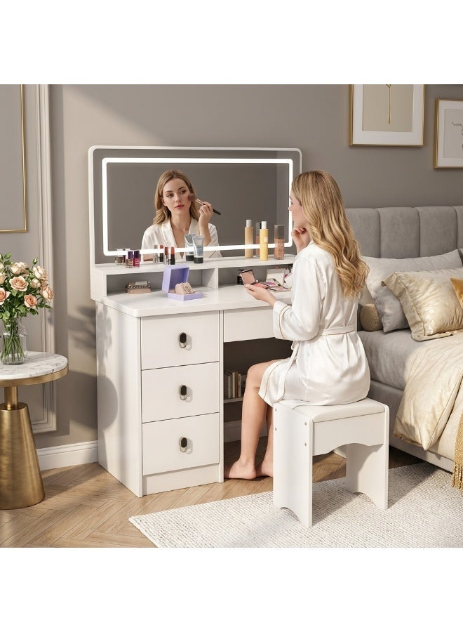Sharpdo Modern Vanity Desk with LED Lighted Mirror and Matching Stool, 80 x 35 x 120 cm Makeup Vanity Table with Storage Shelves, Drawer and Cabinets, Dressing Table for Bedroom, White - Image 2