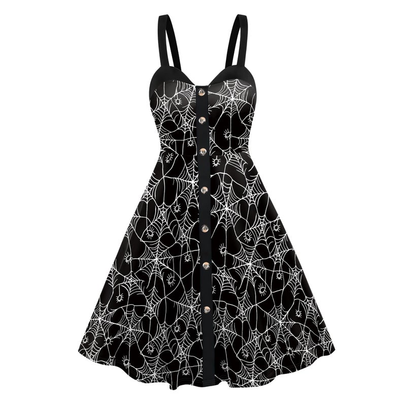 Women's Skeleton Spider Web Digital Print Halter Backless Dress - Image 2