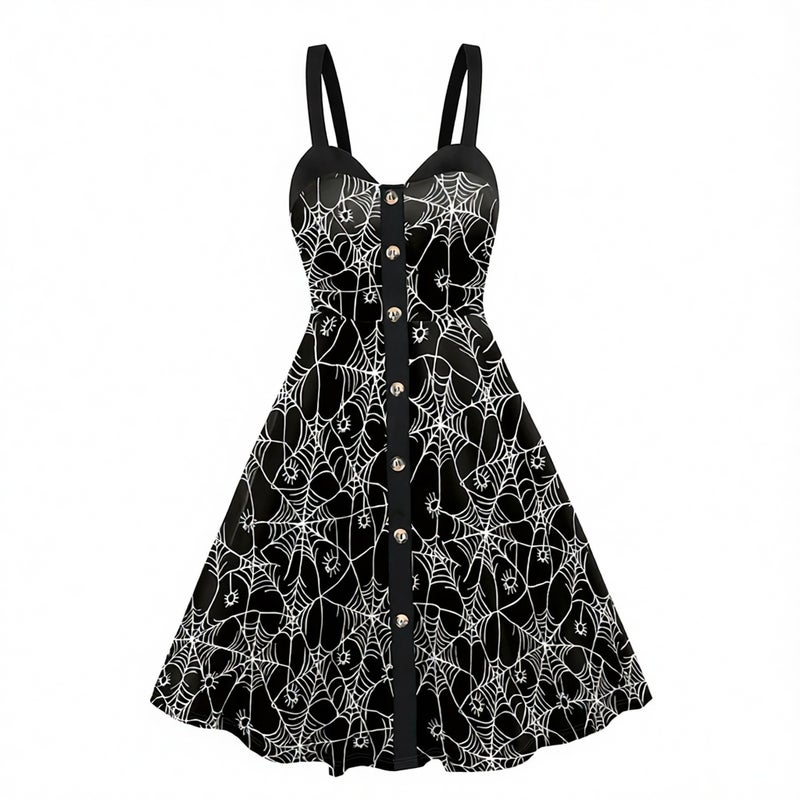 Women's Skeleton Spider Web Digital Print Halter Backless Dress - Image 1