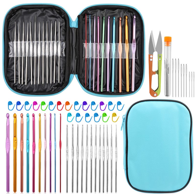 IMZAY 54 Pcs Crochet Needles Set, Crochet Hooks Kit with Storage Case, Ergonomic Knitting Blunt Needles Stitch Marker DIY Hand Knitting Craft Art Tools for Beginners(Blue) - Image 1