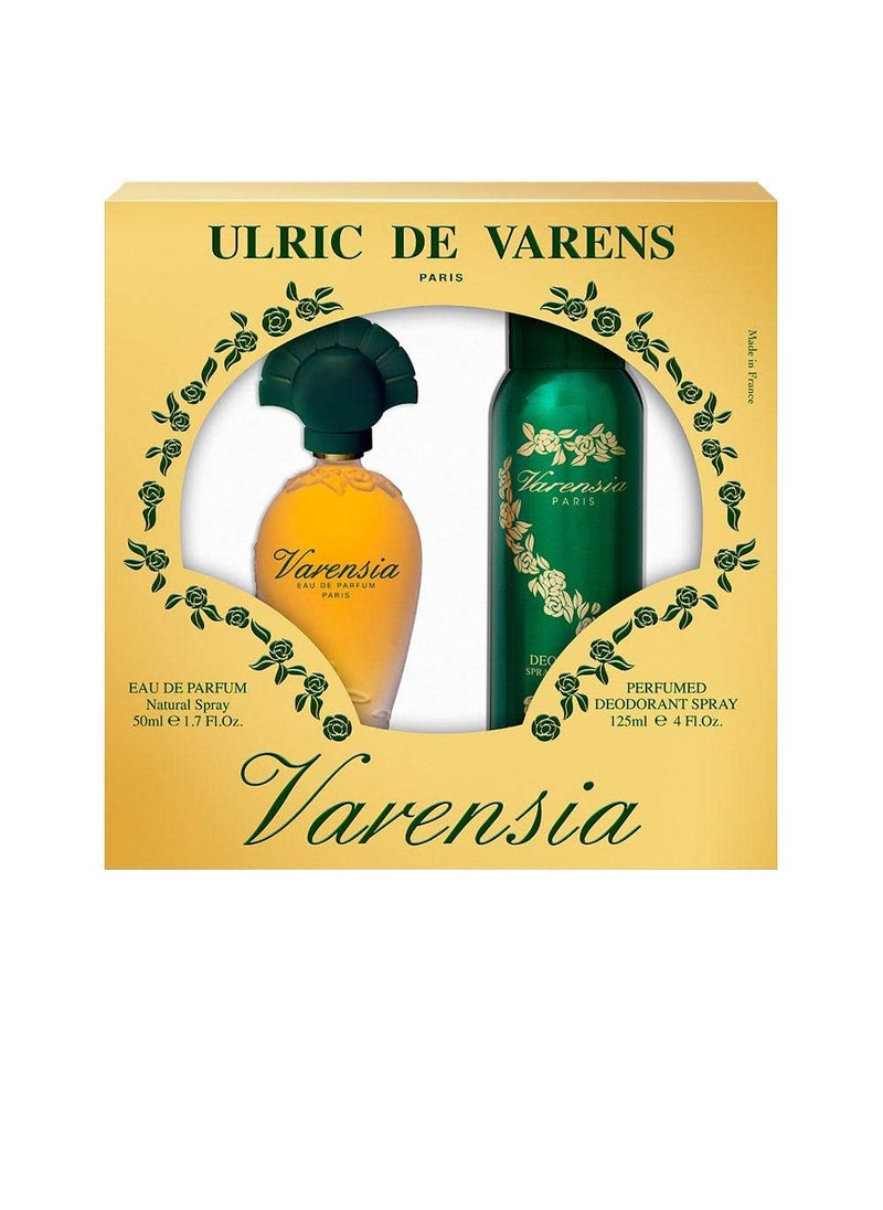 Ulric De Varens Ulric De Varens VARENSIA  Eau De Parfum for Women 2pcs Set Earthy Fruity Floral Scent  Notes of Lotus Flower Clove Raspberry  Vanilla Fruity  Floral 17 Fl Oz  4 Fl Oz Deodorant Spray 