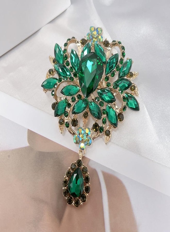OIDIMS Vintage Wedding Bridal Big Austrian Crystal Rhinestone Bouquet Brooch Pin Elegant Flowers for Women Men Tear Drop Gold-Tone Brooches Art Deco Victorian Style Dress Clothing Accessories (Green) - Image 4