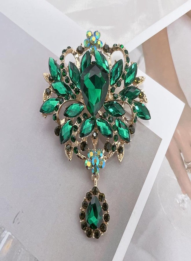 OIDIMS Vintage Wedding Bridal Big Austrian Crystal Rhinestone Bouquet Brooch Pin Elegant Flowers for Women Men Tear Drop Gold-Tone Brooches Art Deco Victorian Style Dress Clothing Accessories (Green) - Image 5
