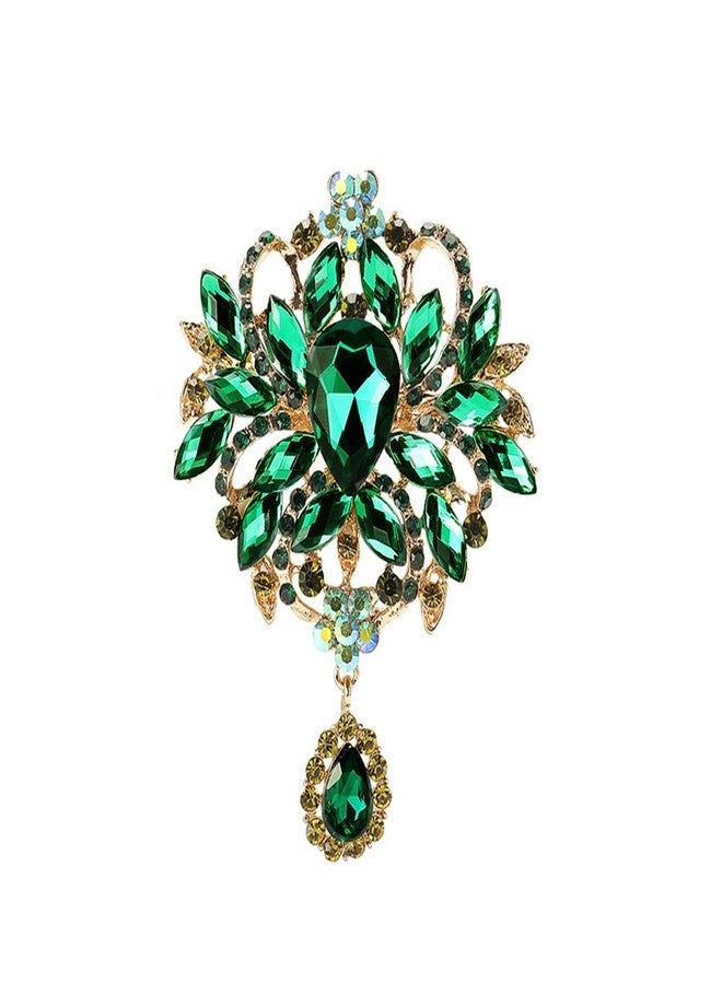 OIDIMS Vintage Wedding Bridal Big Austrian Crystal Rhinestone Bouquet Brooch Pin Elegant Flowers for Women Men Tear Drop Gold-Tone Brooches Art Deco Victorian Style Dress Clothing Accessories (Green) - Image 1