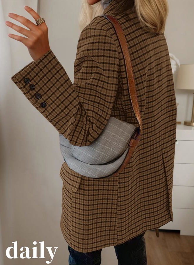 Mina Self 2026 Women's Plaid Houndstooth Wool Blazer Jacket - Fully Lined Loose Business Casual Elegant Suit with Pockets, Plaid/Brown, XL - Image 2