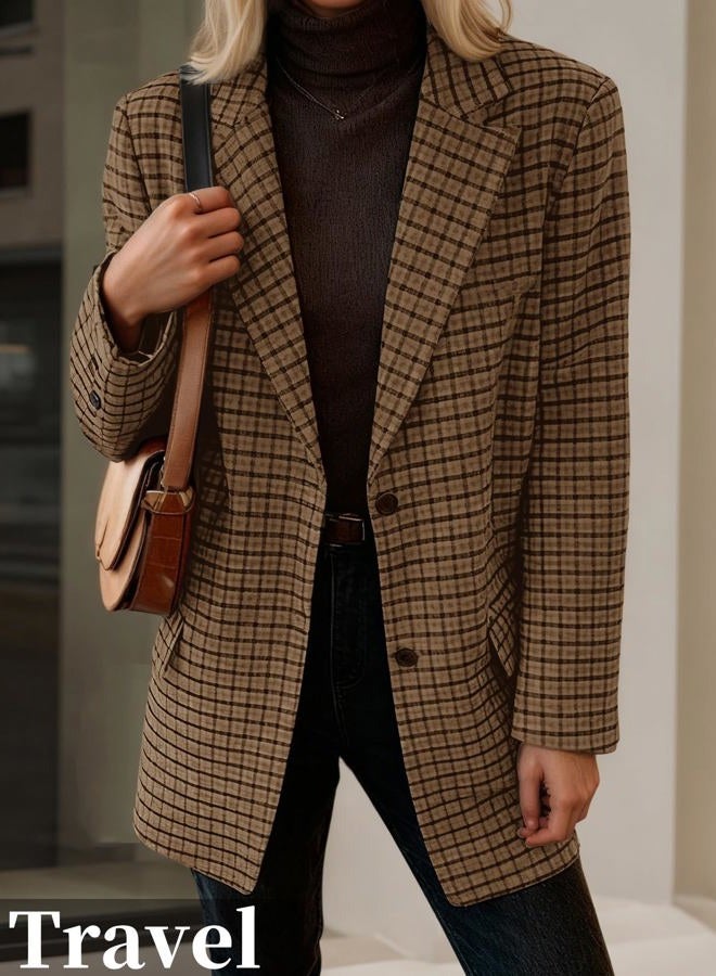 Mina Self 2026 Women's Plaid Houndstooth Wool Blazer Jacket - Fully Lined Loose Business Casual Elegant Suit with Pockets, Plaid/Brown, XL - Image 4