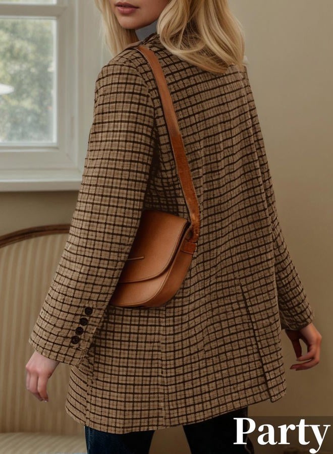 Mina Self 2026 Women's Plaid Houndstooth Wool Blazer Jacket - Fully Lined Loose Business Casual Elegant Suit with Pockets, Plaid/Brown, XL - Image 5