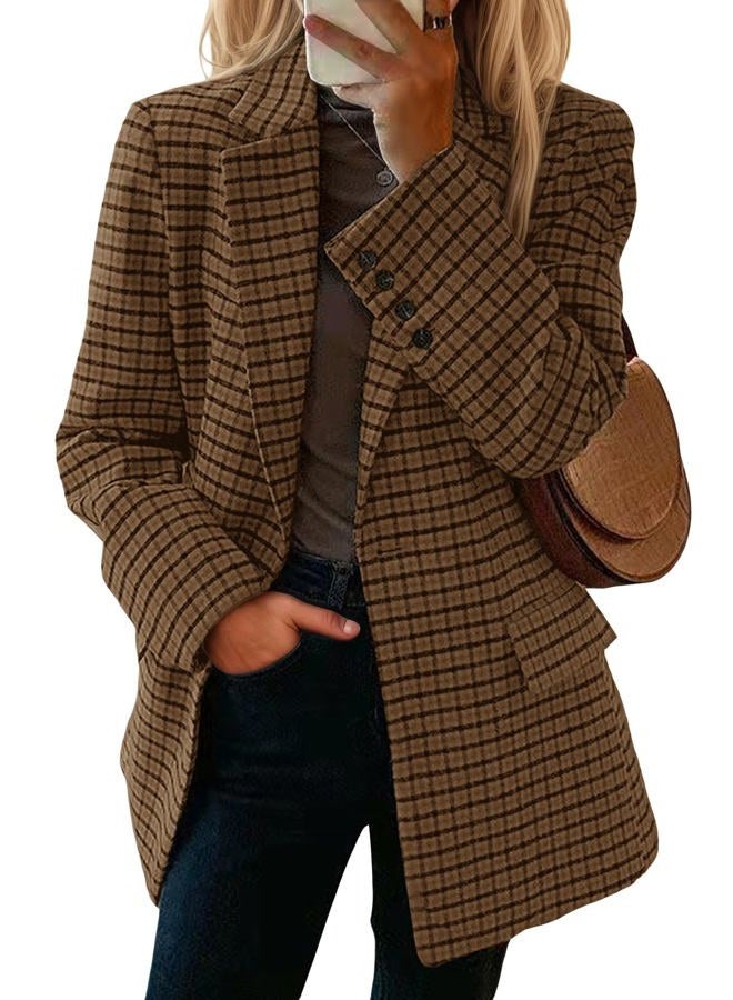 Mina Self 2026 Women's Plaid Houndstooth Wool Blazer Jacket - Fully Lined Loose Business Casual Elegant Suit with Pockets, Plaid/Brown, XL - Image 1