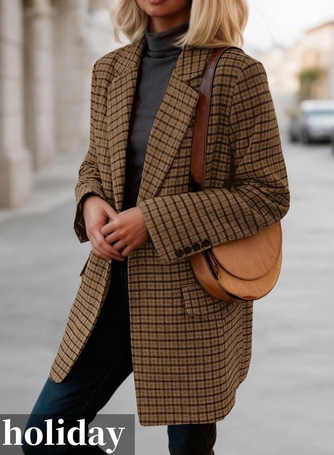 Mina Self 2026 Women's Plaid Houndstooth Wool Blazer Jacket - Fully Lined Loose Business Casual Elegant Suit with Pockets, Plaid/Brown, XL - Image 3
