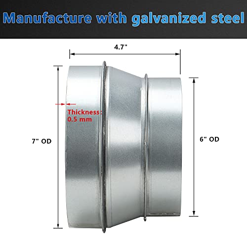 A-KARCK Air Duct Reducer 7" to 6", Round Duct Adapter Galvanized Steel for Inline Ventilation System, Connect Pipe with Duct Fan or Dryer Vent - Image 2