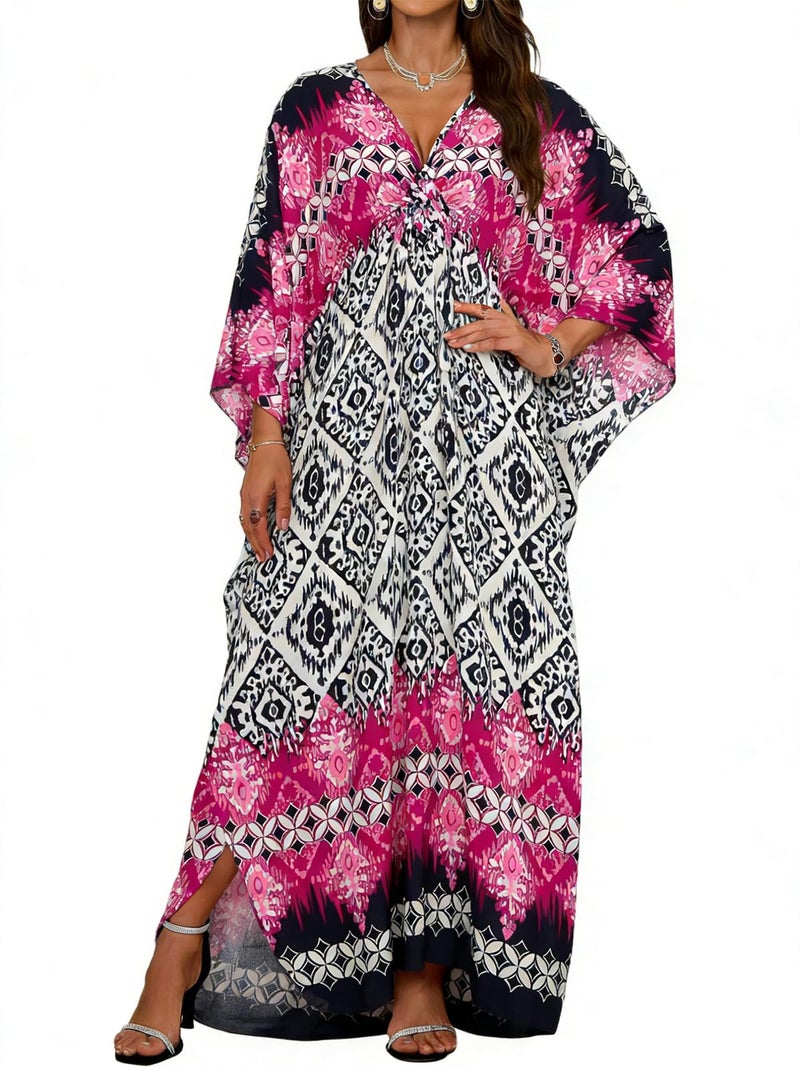 JILUVIN Kaftan Dresses for Women Plus Size V Neck Caftans Long Batwing Sleeve Beach Cover Ups Summer Floral Print Dress (Rose Red Ethnic,One Size)