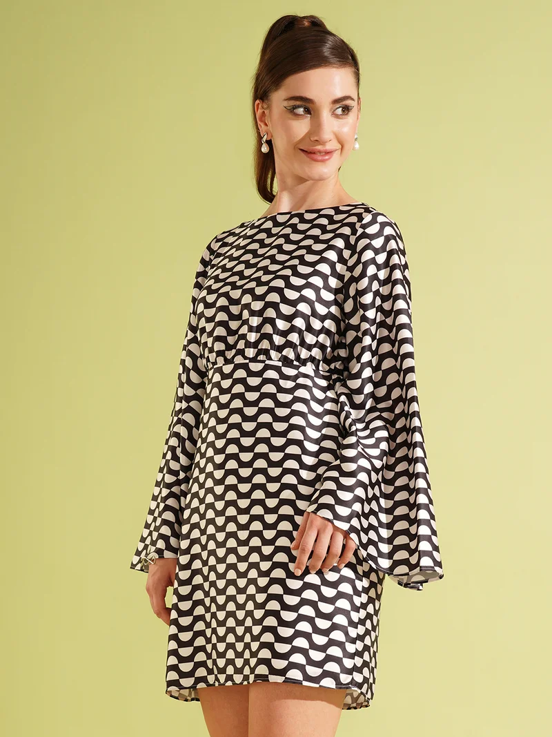 globus Globus Women Print Flared Sleeve Satin A-Line Mini Party Dress