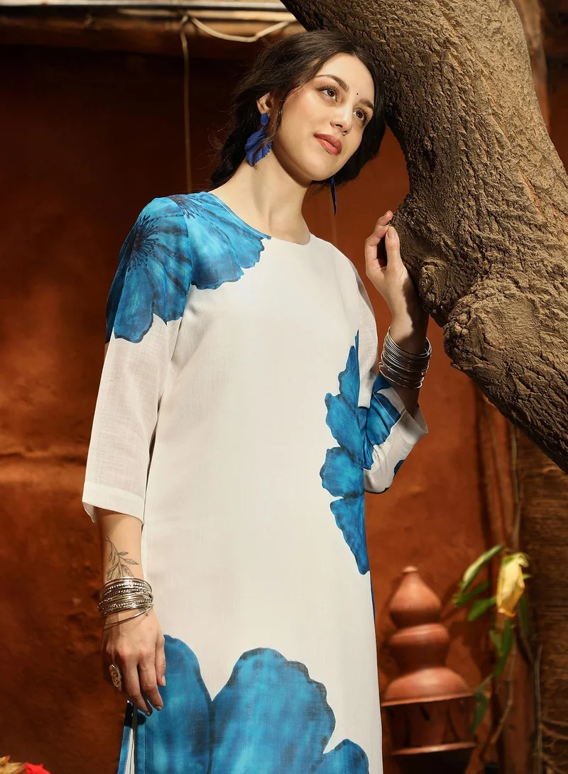 Qissa Blue Qissa Women's Royal Blue Primrose Flora Kurta With Trousers For Casual Wear | Round Neck | Quarter Sleeves | 2 Piece Kurta Set Designed With Comfort Fit For Everyday Ethnic Wear for Women | Best Price UAE