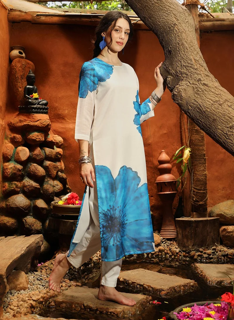 Qissa Blue Qissa Women's Royal Blue Primrose Flora Kurta With Trousers For Casual Wear | Round Neck | Quarter Sleeves | 2 Piece Kurta Set Designed With Comfort Fit For Everyday Ethnic Wear for Women | Best Price UAE