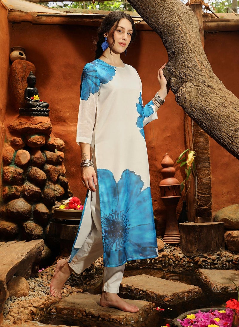 Qissa Women's Royal Blue Primrose Flora Kurta With Trousers For Casual Wear | Round Neck | Quarter Sleeves | 2 Piece Kurta Set Designed With Comfort Fit For Everyday Ethnic Wear - Image 3