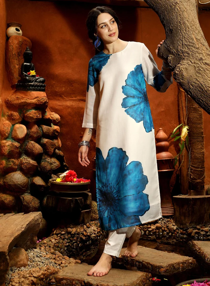 QISSA Qissa Women's Royal Blue Primrose Flora Kurta With Trousers For Casual Wear | Round Neck | Quarter Sleeves | 2 Piece Kurta Set Designed With Comfort Fit For Everyday Ethnic Wear