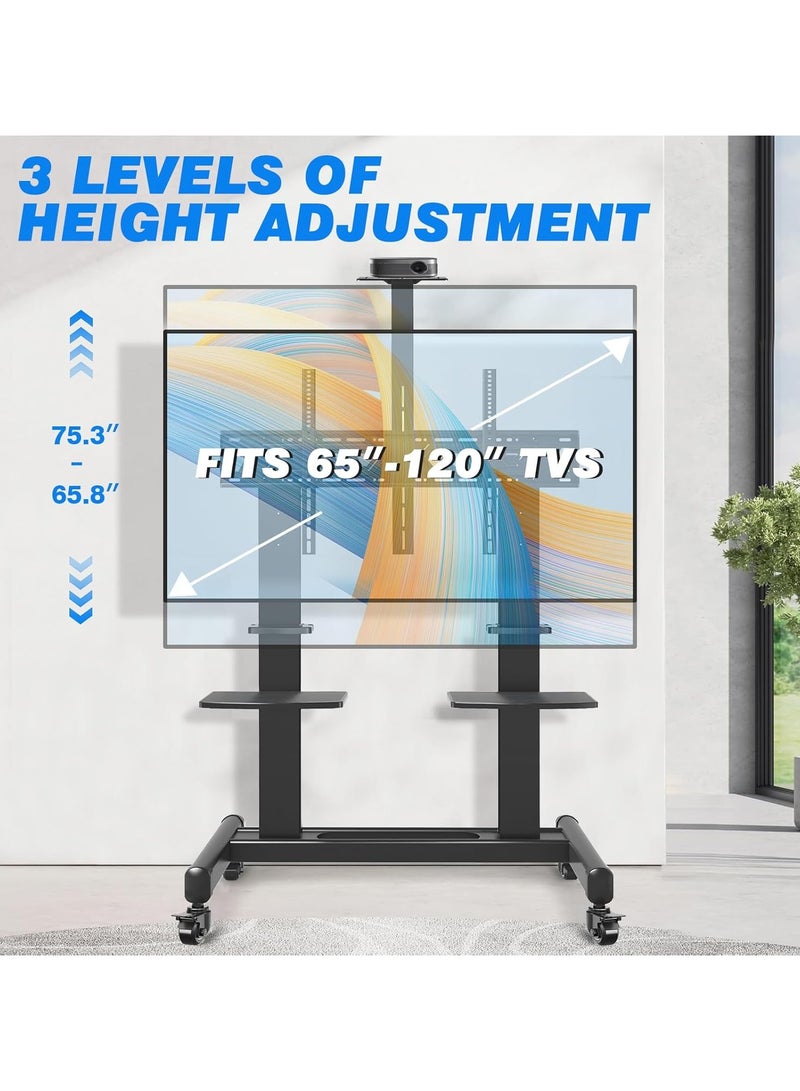 Rfiver Mobile TV Cart with Wheels for 65-120 Inch TVs up to 310 lbs, LCD LED OLED Plasma Flat Curved Panels, Heavy Duty Rolling TV Stand, Extra Large Shelf, 3 Height Levels, Max VESA 1000x600, Black - Image 3