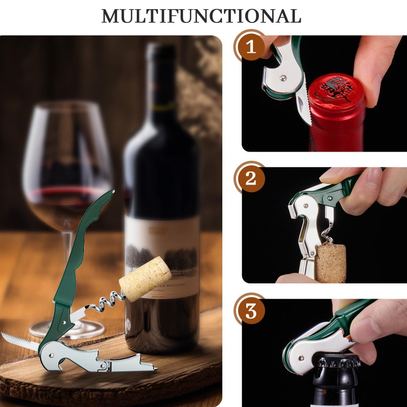 Hyz 2-Pack Wine Opener Waiter Corkscrew  Professional Wine Key For Servers  Bartender With Foil Cutter  Manual Wine Bottle Opener Double Hinged (Dark Green) - Image 3