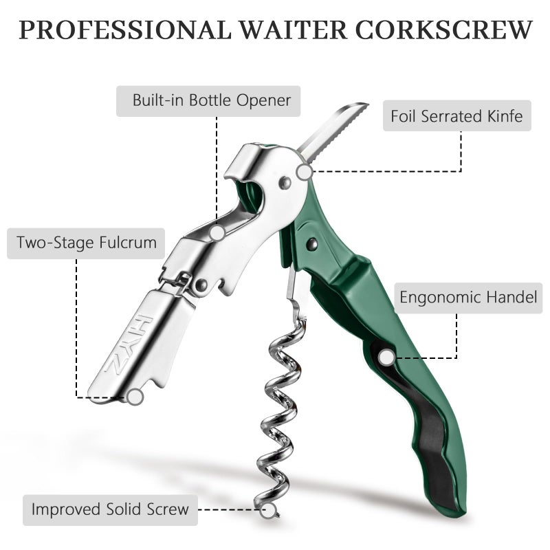 Hyz 2-Pack Wine Opener Waiter Corkscrew  Professional Wine Key For Servers  Bartender With Foil Cutter  Manual Wine Bottle Opener Double Hinged (Dark Green) - Image 2