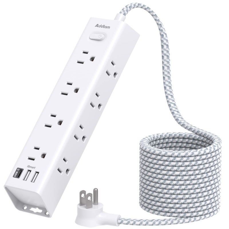 Addtam Surge Protector Power Strip - 15 FT Extension Cord, Power Strip with 12 Widely AC Outlet 3 USB, Flat Plug Wall Mount Overload Protection, 1050J, Desk Charging Station for Home Office, ETL Listed,White - Image 1