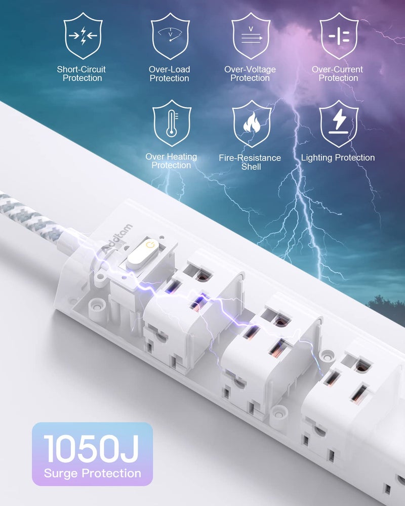 Addtam Surge Protector Power Strip - 15 FT Extension Cord, Power Strip with 12 Widely AC Outlet 3 USB, Flat Plug Wall Mount Overload Protection, 1050J, Desk Charging Station for Home Office, ETL Listed,White - Image 4