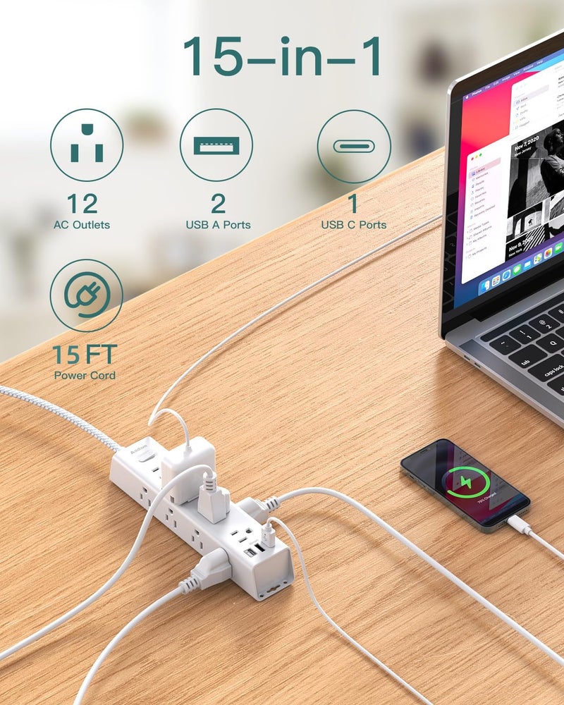 Addtam Surge Protector Power Strip - 15 FT Extension Cord, Power Strip with 12 Widely AC Outlet 3 USB, Flat Plug Wall Mount Overload Protection, 1050J, Desk Charging Station for Home Office, ETL Listed,White - Image 2