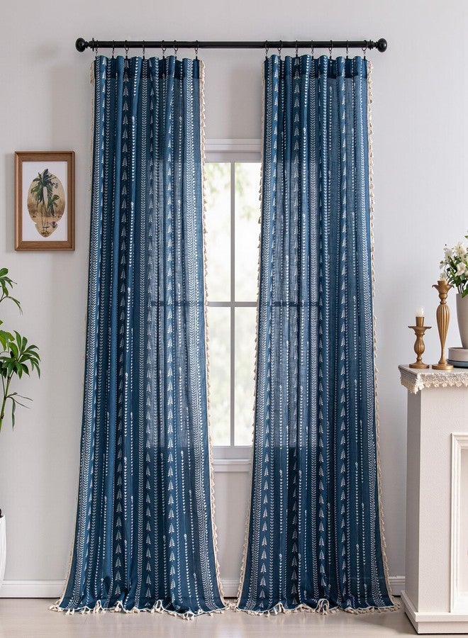 MEETSKY Navy Blue Boho Curtains 84 inch Length for Living Room 2 Panels Blue Farmhouse Curtains for Bedroom Floral Patterned Semi Sheer Rustic Linen Drapes with Tassels Vintage Decor - Image 2