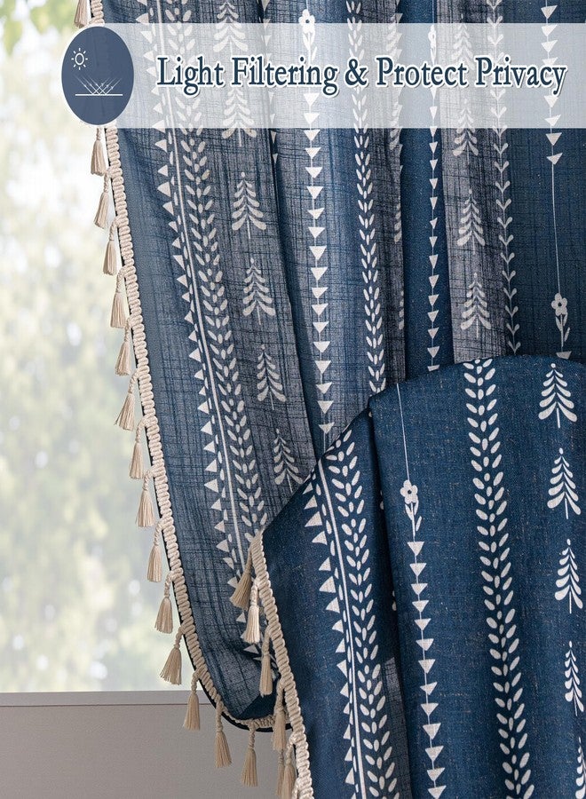 MEETSKY Navy Blue Boho Curtains 84 inch Length for Living Room 2 Panels Blue Farmhouse Curtains for Bedroom Floral Patterned Semi Sheer Rustic Linen Drapes with Tassels Vintage Decor - Image 3