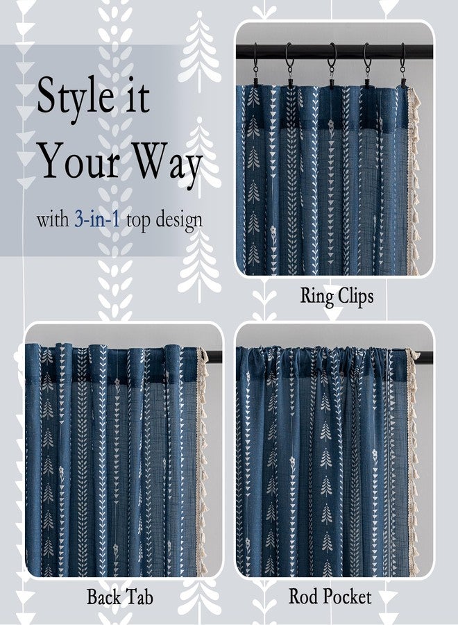 MEETSKY Navy Blue Boho Curtains 84 inch Length for Living Room 2 Panels Blue Farmhouse Curtains for Bedroom Floral Patterned Semi Sheer Rustic Linen Drapes with Tassels Vintage Decor - Image 5