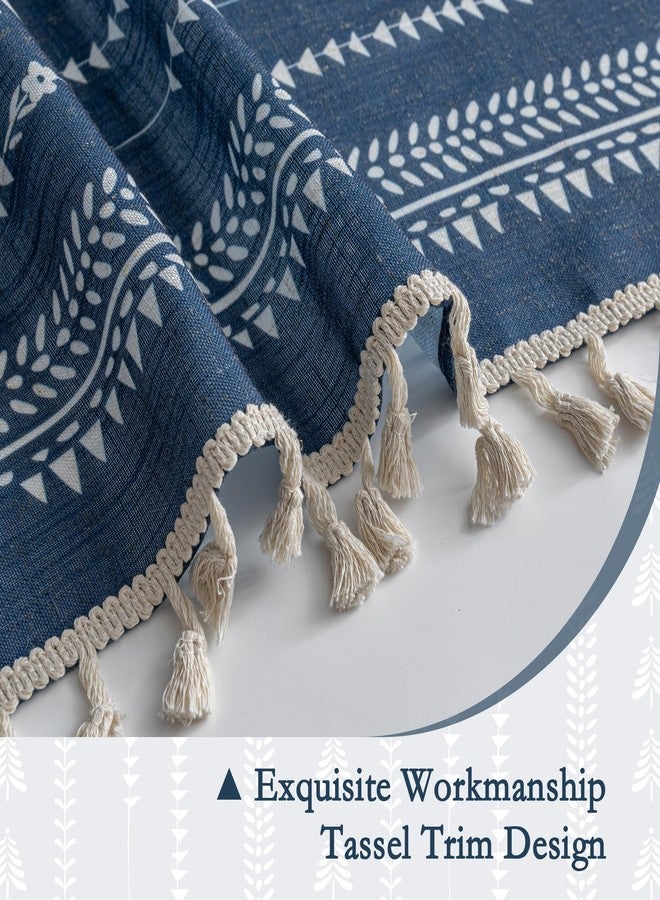 MEETSKY Navy Blue Boho Curtains 84 inch Length for Living Room 2 Panels Blue Farmhouse Curtains for Bedroom Floral Patterned Semi Sheer Rustic Linen Drapes with Tassels Vintage Decor - Image 4