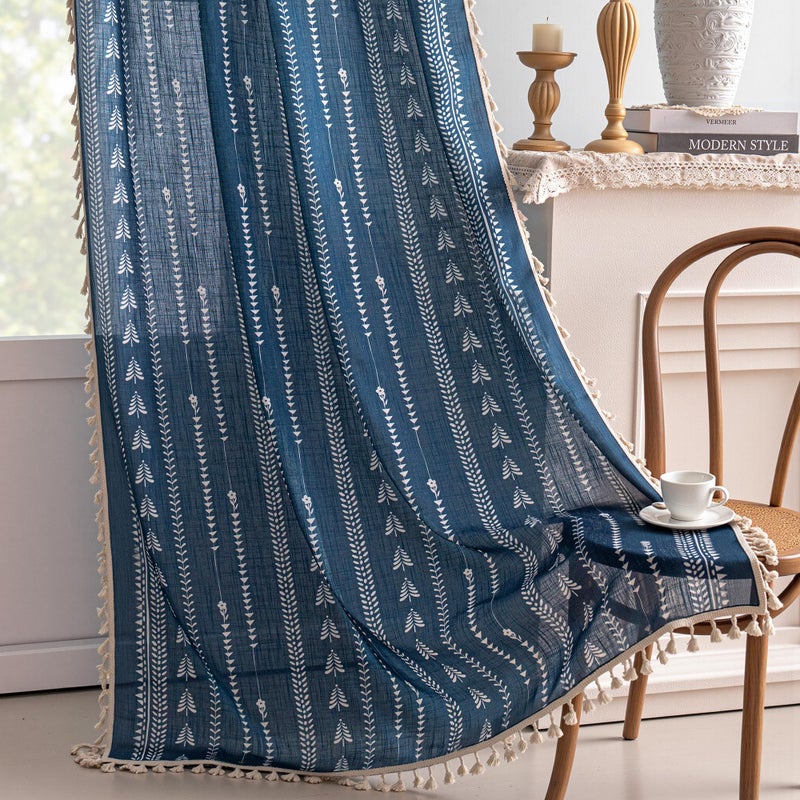 MEETSKY Navy Blue Boho Curtains 84 inch Length for Living Room 2 Panels Blue Farmhouse Curtains for Bedroom Floral Patterned Semi Sheer Rustic Linen Drapes with Tassels Vintage Decor - Image 1