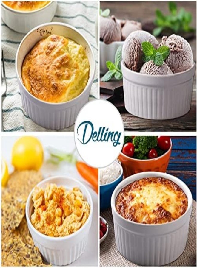 AKDC أوعية ديلينج رامكينز سعة 4 أونصة آمنة للاستخدام في الفرن/الحلوى/الآيس كريم/صلصة الصويا/الوجبات الخفيفة، أطباق كريم بروليه خزفية صغيرة للخبز والسوفليه والبودنج، مجموعة من 6 قطع باللون الأبيض - Image 4