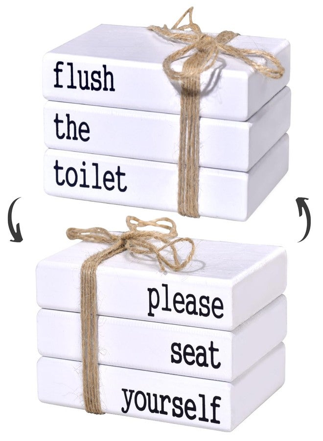 GHOSTMAGIC Restroom Decor, Bathroom Decor for Shelves, Toilet Decor, Funny Wooden Farmhouse Mini Book Stack for Bathroom Restroom Shelf Sign Decor Two-Sided Tabletop Decorative Set of 3 (white) - Image 1