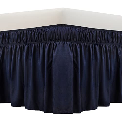 MEILA Wrap Around Bed Skirt Three Fabric Sides Elastic Dust Ruffled 16 Inch Tailored DropEasy to Install Fade ResistantNavy Blue QueenKing