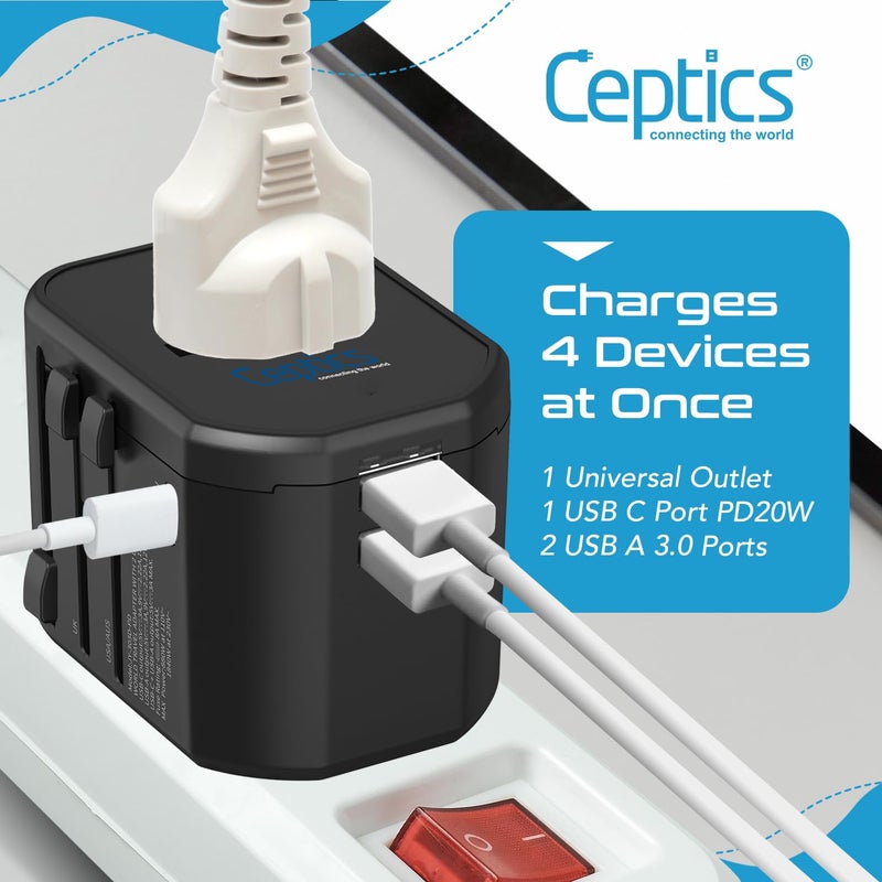 Ceptics Ceptics 4 in 1 Universal Charger Adapter 2 USB QC 30 20W USBC Universal Travel Adapter All in One Fast Charging International Travel Adapter Lifetime Limited Warranty for EU UK USAAUS Black  - Image 3