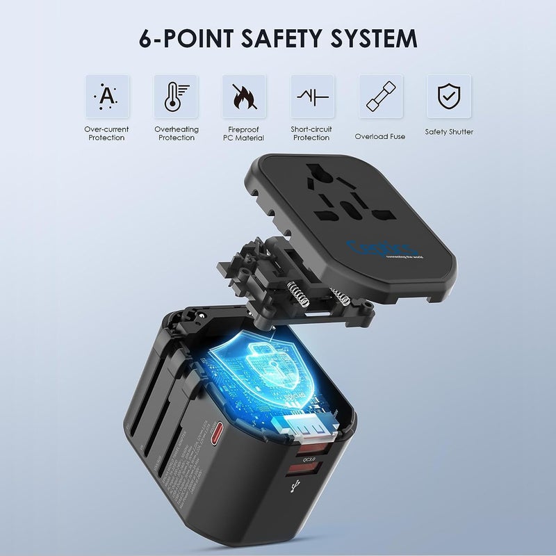 Ceptics Ceptics 4 in 1 Universal Charger Adapter 2 USB QC 30 20W USBC Universal Travel Adapter All in One Fast Charging International Travel Adapter Lifetime Limited Warranty for EU UK USAAUS Black  - Image 5