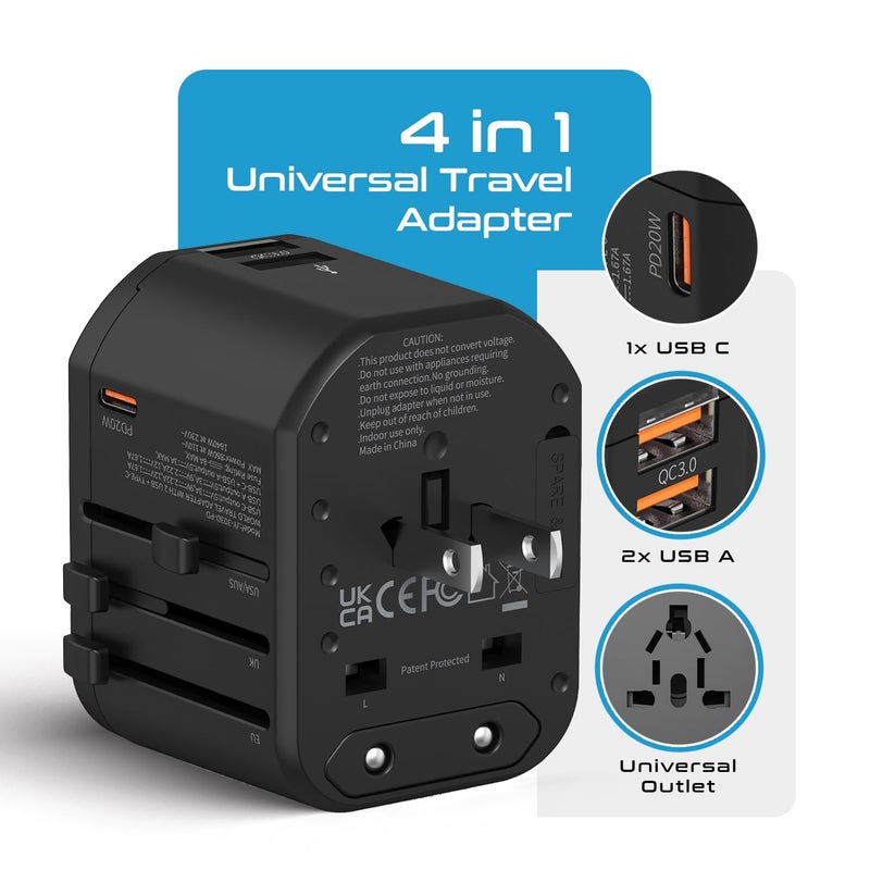 Ceptics Ceptics 4 in 1 Universal Charger Adapter 2 USB QC 30 20W USBC Universal Travel Adapter All in One Fast Charging International Travel Adapter Lifetime Limited Warranty for EU UK USAAUS Black  - Image 2